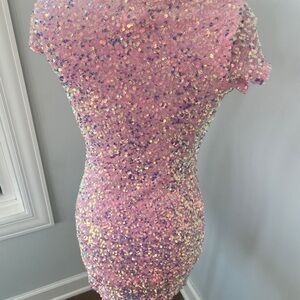 B. Darlin Sz S Pink Confetti Sequin Sparkle Short Sleeve Mini Dress NWT